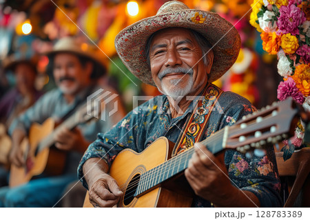 a traditional Colombian music performance during Feria de las Flores, musicians playing guitars and singing a traditional Colombian music performance during Feria de las Flores, musicians playing guitars and singing 128783389