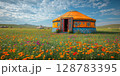 a traditional Yakut yurt set up for Ysyakh, surrounded by flowers and cultural ornaments, with a clear summer sky and plenty of room on the right 128783395