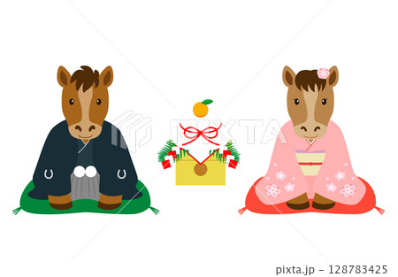 鏡餅の前で新年のご挨拶をする着物を着たオスとメスの馬_1 鏡餅の前で新年のご挨拶をする着物を着たオスとメスの馬_1 128783425