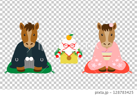 鏡餅の前で新年のご挨拶をする着物を着たオスとメスの馬_1 鏡餅の前で新年のご挨拶をする着物を着たオスとメスの馬_1 128783425