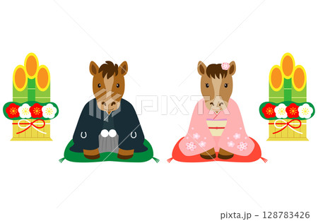 門松の前で新年のご挨拶をする着物を着たオスとメスの馬_1 128783426