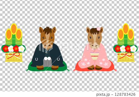 門松の前で新年のご挨拶をする着物を着たオスとメスの馬_1 128783426