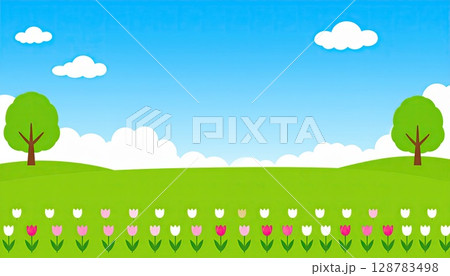 《AI画像》青空の下のチューリップ畑のイラスト 128783498