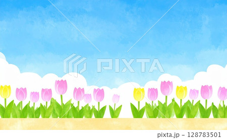 《AI画像》青空の下のチューリップ畑のイラスト 128783501