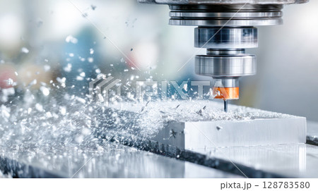 Precision milling machine cutting through metal block, with flying metal shavings and a blurred industrial background showcasing advanced manufacturing techniques 128783580