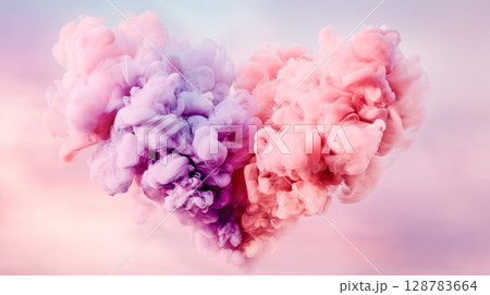 Colorful heart-shaped smoke cloud in shades of pink and purple, creating a dreamy atmosphere, symbolizing love and affection in artistic form 128783664