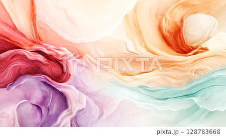 Abstract watercolor illustration featuring flowing colors in soft hues, creating a harmonious blend of pink, purple, and teal tones with fluid shapes 128783668