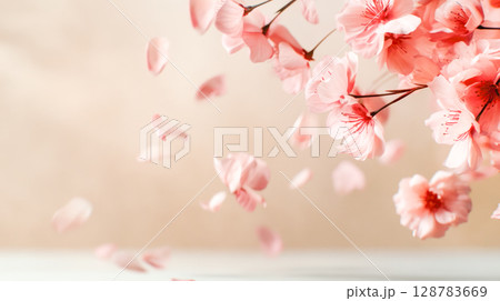 Delicate pink cherry blossom flowers gracefully falling against a soft pastel background, creating a serene and tranquil atmosphere of springtime beauty 128783669