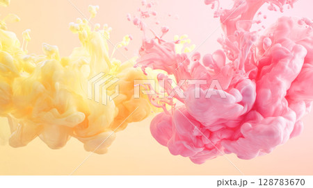 Colorful ink splashes in vibrant yellow and pink hues creating a dynamic abstract background, showcasing fluid motion and artistic expression 128783670