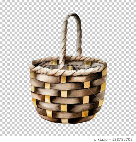 Wicker basket in soft brown tones, watercolor hand drawn isolated illustration. Rustic farmhouse style perfect for harvest, storage, or kitchen decor themes. Vintage container ideal for cottage, boho Wicker basket in soft brown tones, watercolor hand drawn isolated illustration. Rustic farmhouse style perfect for harvest, storage, or kitchen decor themes. Vintage container ideal for cottage, boho 128783708