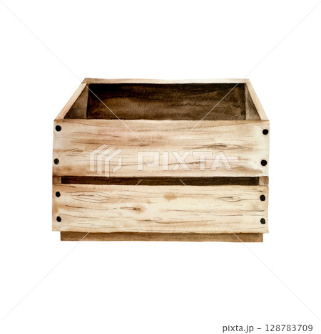 Wooden box with visible grain and rustic texture, watercolor hand drawn isolated illustration. Vintage storage crate perfect for farmhouse, pantry, or harvest themes. Vintage container ideal for Wooden box with visible grain and rustic texture, watercolor hand drawn isolated illustration. Vintage storage crate perfect for farmhouse, pantry, or harvest themes. Vintage container ideal for 128783709