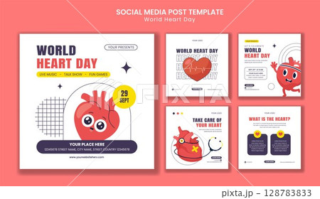 World Heart Day Illustration with Social Media Post Template in Flat Cartoon Style 128783833