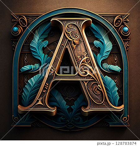 Luxury letter A with floral ornament. 3D illustration. 128783874