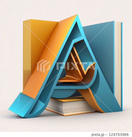 3d render of books with blue and orange cover on white background letter A 128783966