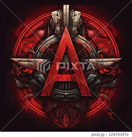 Warrior armor with sword and shield. Graphic design for t-shirt. letter A 128783972