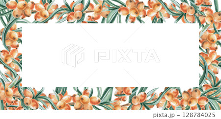 Rectangular frame of juicy sea buckthorn berries. Isolated watercolor illustration for decorating dishes, textiles, printing on fabric, postcards, design of printed products and for Harvest Day. 128784025