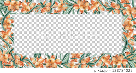 Rectangular frame of juicy sea buckthorn berries. Isolated watercolor illustration for decorating dishes, textiles, printing on fabric, postcards, design of printed products and for Harvest Day. 128784025
