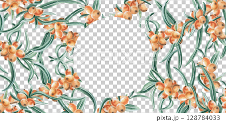 Rectangular frame of ripe sea buckthorn berries. Isolated watercolor illustration for decorating dishes, textiles, printing on fabric, postcards, design of printed products and for Harvest Day. Rectangular frame of ripe sea buckthorn berries. Isolated watercolor illustration for decorating dishes, textiles, printing on fabric, postcards, design of printed products and for Harvest Day. 128784033