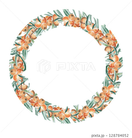 Round frame of sea buckthorn branches. Isolated watercolor illustration for decorating dishes, textiles, printing on fabric, postcards, design of printed products and for Harvest Day. 128784052
