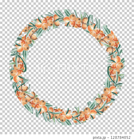 Round frame of sea buckthorn branches. Isolated watercolor illustration for decorating dishes, textiles, printing on fabric, postcards, design of printed products and for Harvest Day. 128784052