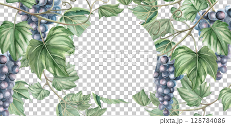 Rectangular frame with grapevine. Isolated watercolor illustration for bottle label design, bar menu design, printed products for Wine Day and Harvest Festival. Rectangular frame with grapevine. Isolated watercolor illustration for bottle label design, bar menu design, printed products for Wine Day and Harvest Festival. 128784086