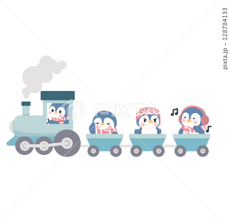 Penguin Cartoon Characters Riding a Train 128784133