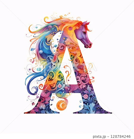 Alphabet letter A with horse. Colorful vector illustration for your design 128784246