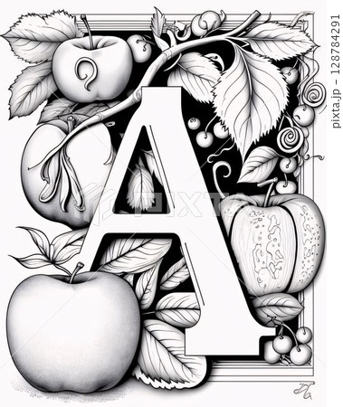 Black and white illustration of the letter A with apples and berries. Black and white illustration of the letter A with apples and berries. 128784291