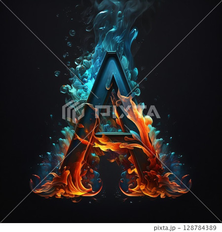 Fiery letter A uppercase. 3D render isolated on black background 128784389