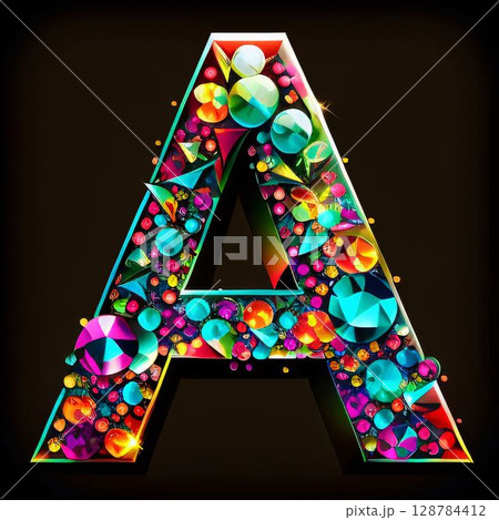 Vector alphabet. Letter A filled with colorful gems. Isolated on black background. Vector alphabet. Letter A filled with colorful gems. Isolated on black background. 128784412
