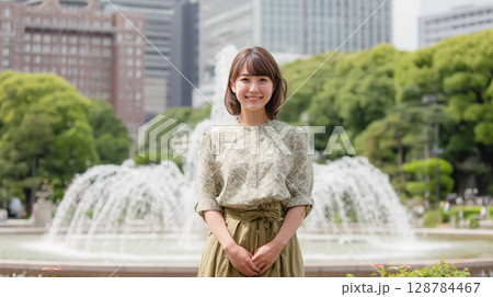 公園の噴水前に立つ女性 128784467