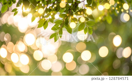 Blurred bright sunlight filters through green summer leaves, creating a beautiful bokeh of light in a vibrant garden 128784571