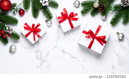 Christmas holiday decorations with gold, red, and winter elements like balls, ribbons, and pine branches on a festive background 128784583