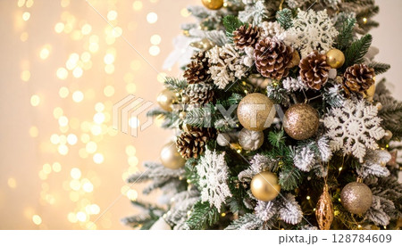 A festive Christmas tree adorned with gold ornaments and a glowing star stands tall, ready for holiday celebrations and the new year A festive Christmas tree adorned with gold ornaments and a glowing star stands tall, ready for holiday celebrations and the new year 128784609