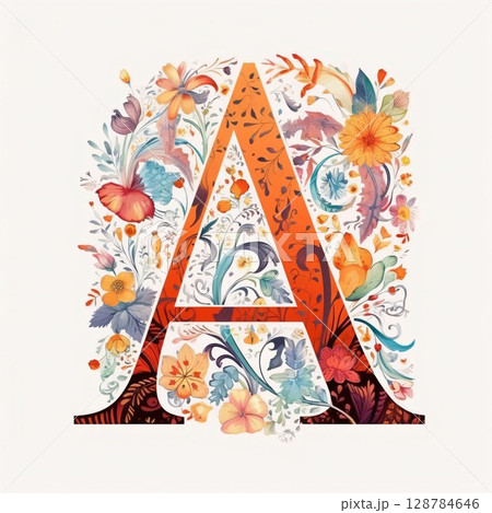 Floral capital letter A, uppercase. Watercolor floral alphabet with leaves, flowers and butterflies. 128784646