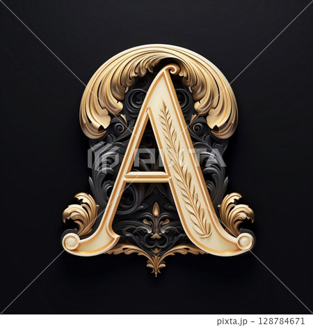 Luxury letter A with golden ornament on black background. 3d rendering 128784671