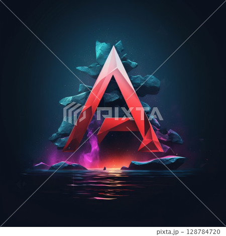 Abstract red letter A in the form of stone on the water. 3d illustration 128784720