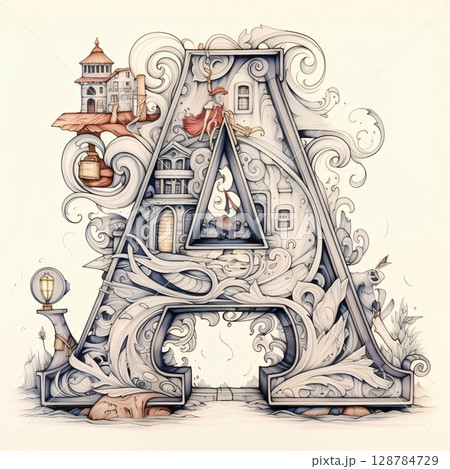 Alphabet letter A with a castle in the background. Vector illustration. Alphabet letter A with a castle in the background. Vector illustration. 128784729