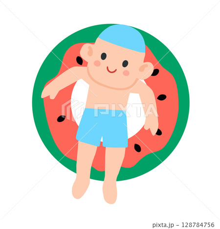 Illustration of Boy Floating on Watermelon Swim Ring Illustration of Boy Floating on Watermelon Swim Ring 128784756