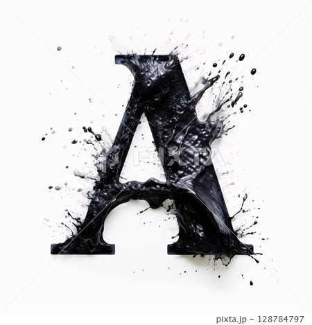 Black paint splashes alphabet isolated on white background. Letter A. 128784797