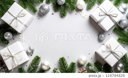Christmas fir branches with red balls and snow frame a festive winter holiday decoration 128784826