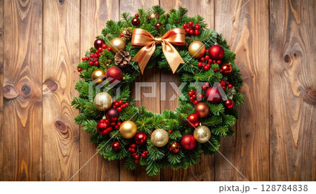 Christmas wreath on old wooden door with pine branches, red ribbon, and vintage ornaments for holiday celebration Christmas wreath on old wooden door with pine branches, red ribbon, and vintage ornaments for holiday celebration 128784838