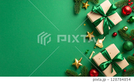 A festive holiday scene with a beautifully decorated Christmas tree, twinkling ornaments, and an array of gift boxes, perfect for celebrating the new year season A festive holiday scene with a beautifully decorated Christmas tree, twinkling ornaments, and an array of gift boxes, perfect for celebrating the new year season 128784854