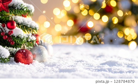 Merry Christmas and Happy New Year: festive holiday background with a decorated pine tree, gold and red ornaments, snow, and sparkling lights 128784870