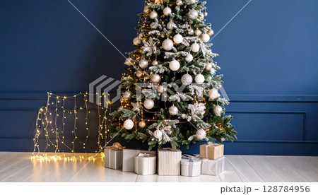 A beautifully decorated Christmas tree, adorned with festive ornaments and a shining star, stands tall with an array of colorful presents beneath its boughs, celebrating the holiday season A beautifully decorated Christmas tree, adorned with festive ornaments and a shining star, stands tall with an array of colorful presents beneath its boughs, celebrating the holiday season 128784956