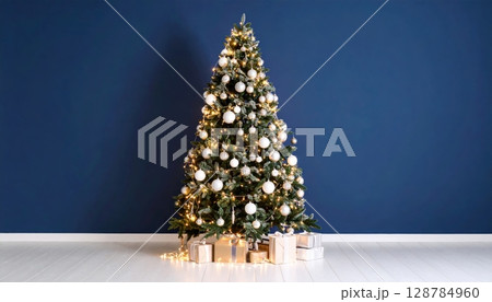 A beautifully decorated Christmas tree, adorned with festive ornaments and a shining star, stands tall with an array of colorful presents beneath its boughs, celebrating the holiday season A beautifully decorated Christmas tree, adorned with festive ornaments and a shining star, stands tall with an array of colorful presents beneath its boughs, celebrating the holiday season 128784960