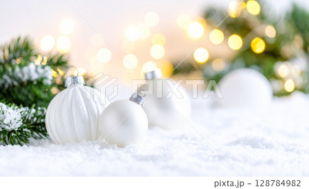 Sparkling Christmas background with festive baubles, snowflakes, and glistening snow, perfect for holiday season celebrations 128784982