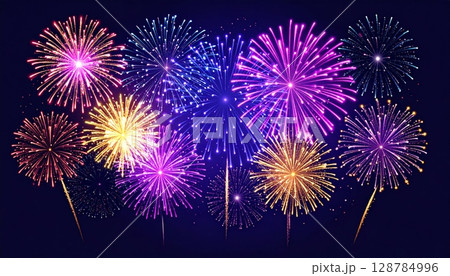 Colorful fireworks explode across the black night sky, a vibrant display of celebration and light 128784996