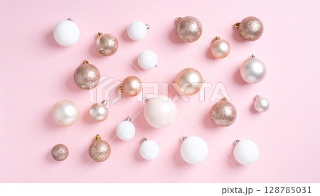 Bright pink and gold spheres, perfect for holiday celebrations or festive Christmas and Easter decorations 128785031