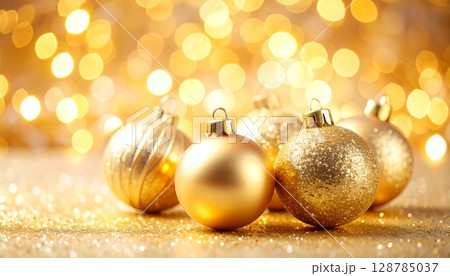 Golden Christmas balls shimmer on a dark background, perfect for festive holiday decoration Golden Christmas balls shimmer on a dark background, perfect for festive holiday decoration 128785037